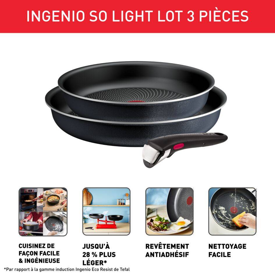 Ingenio So'Light, Poêles manche amovible + poignée, Antiadhésif, Induction, 24/28cm