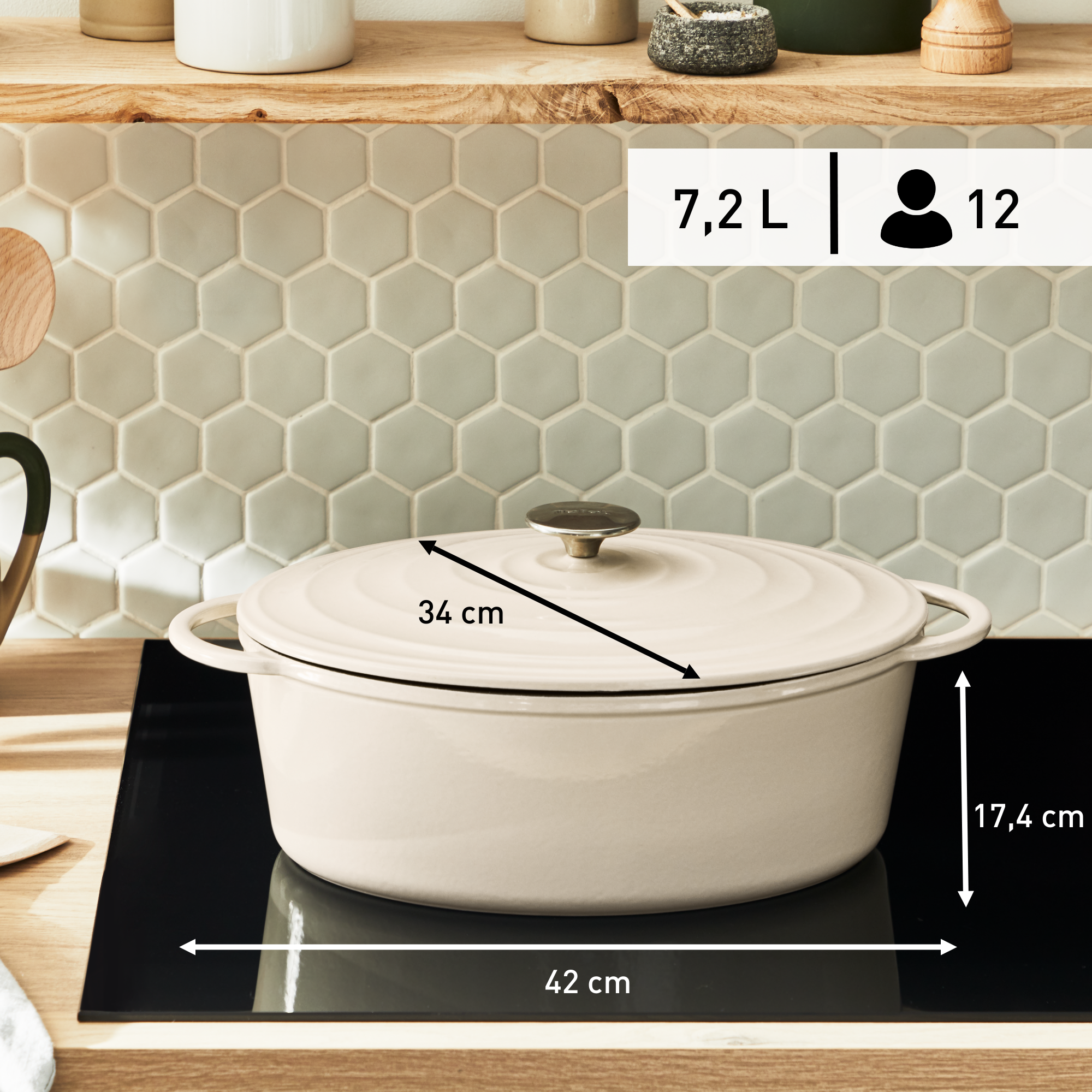 LOV, Cocotte en fonte ovale 34x26 cm, Induction, Four, Éco-conçue, Beige