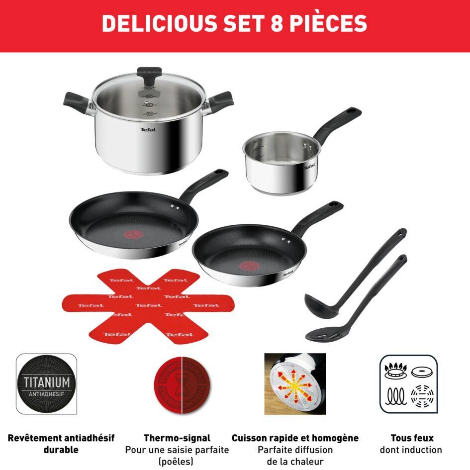 Delicious Batterie de cuisine inox 8 pièces Casserole 16 cm, Faitout 24 cm + couvercle, Poêles revêtues 24/28 cm, Louche, Ecumoire, Feutrine protège-poêles