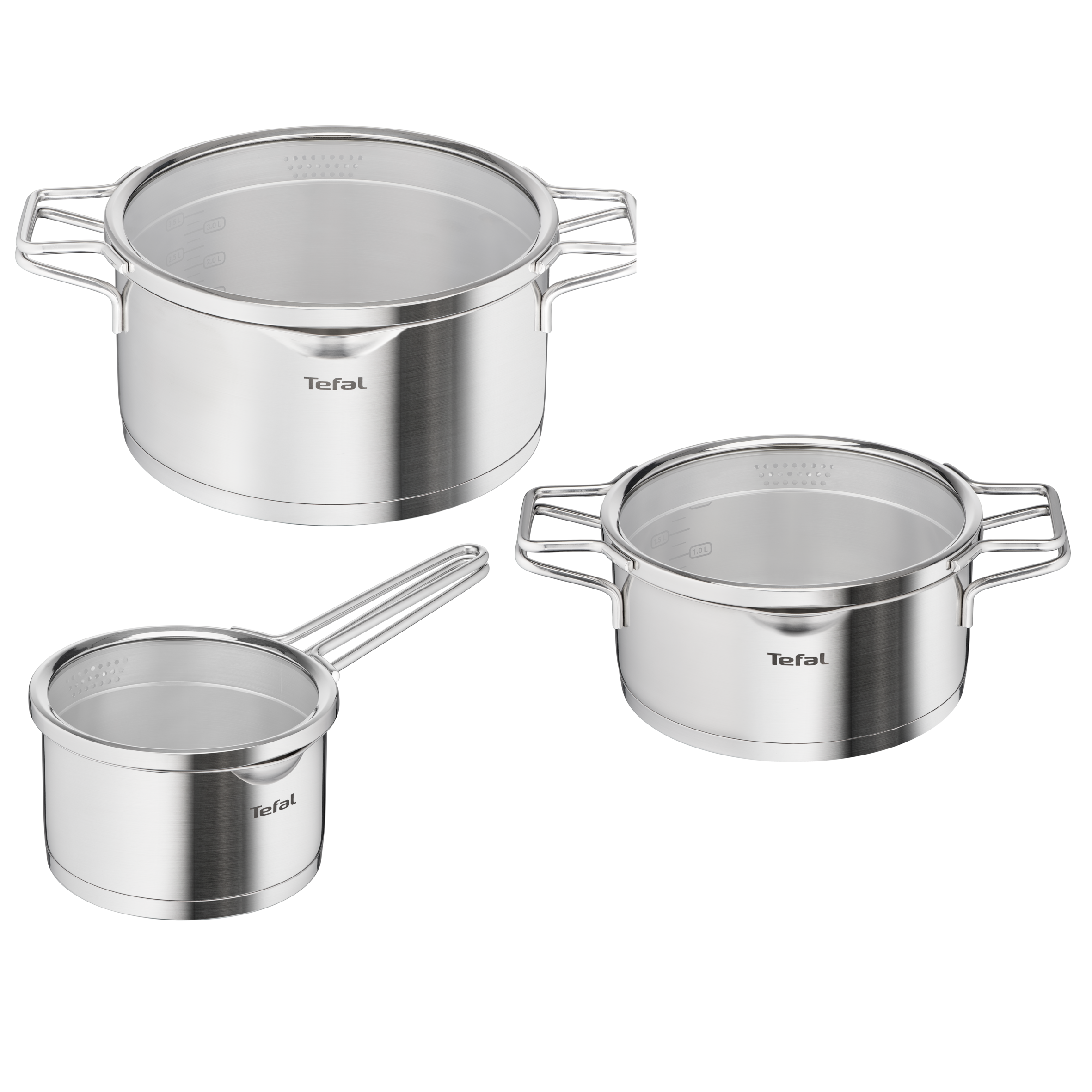 Nordica, Batterie de cuisine 6p, Inox, Induction, Couvercles égouttoirs