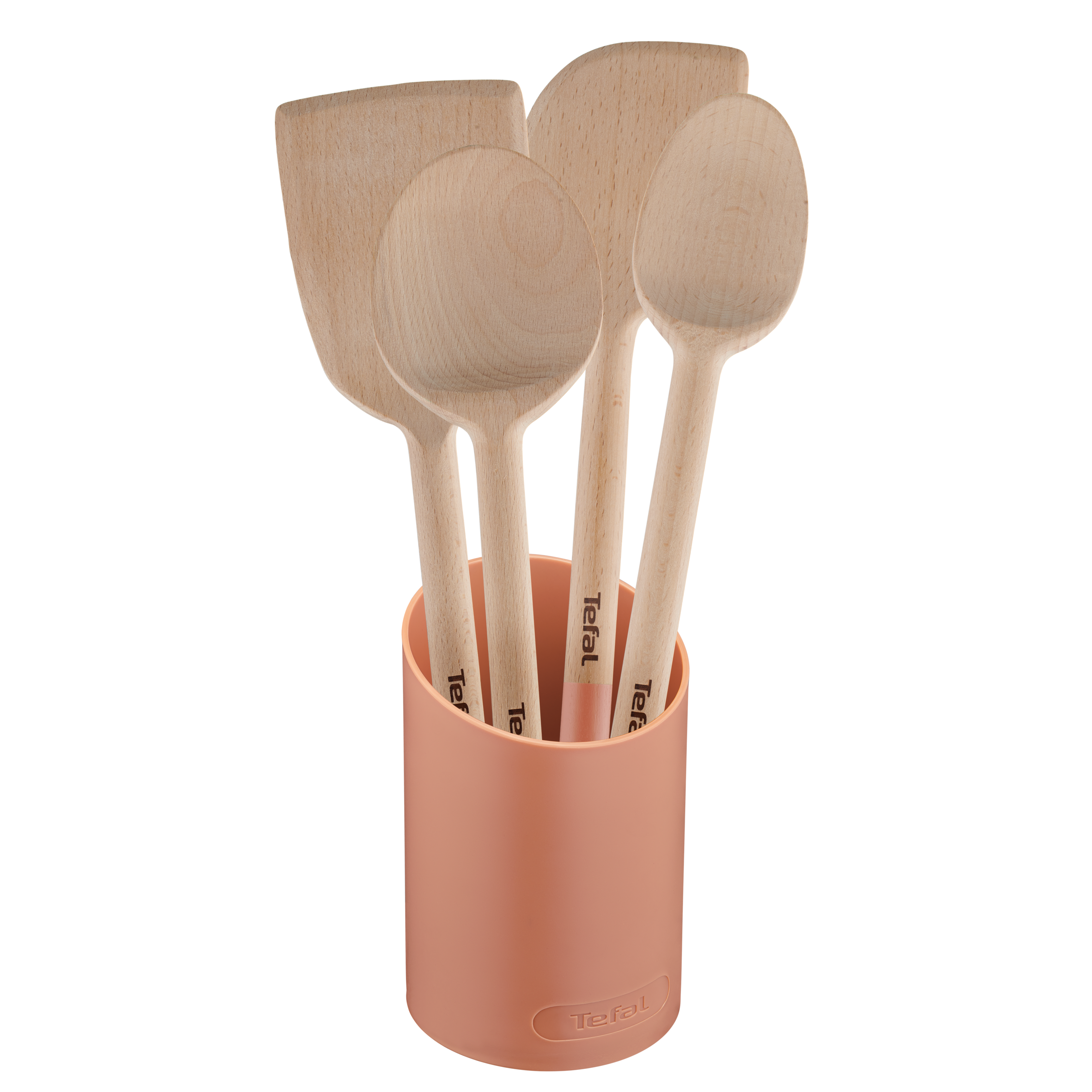 Set Natura en bois - terracotta&nbsp;: grande cuillère 28&nbsp;cm, spatule biseautée 29&nbsp;cm, maryse 28&nbsp;cm, petite cuillère 29&nbsp;cm et porte-ustensiles