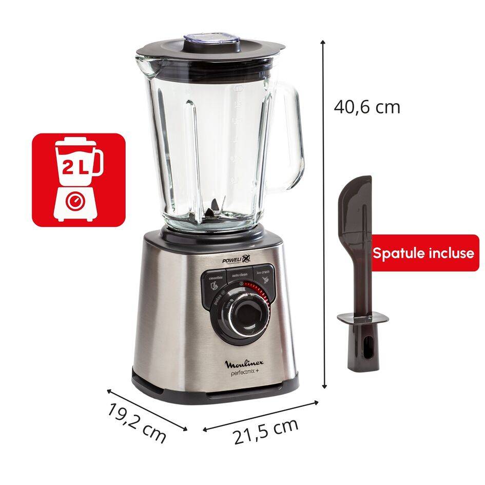 PerfectMix +, Blender haute performance, Lames powelix, Bol en verre de 2L, 1200W, Noir silver