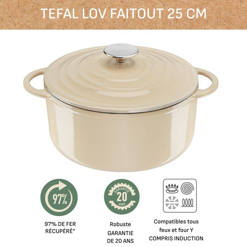 LOV, Cocotte en fonte ronde 25 cm, Induction, Four, Beige