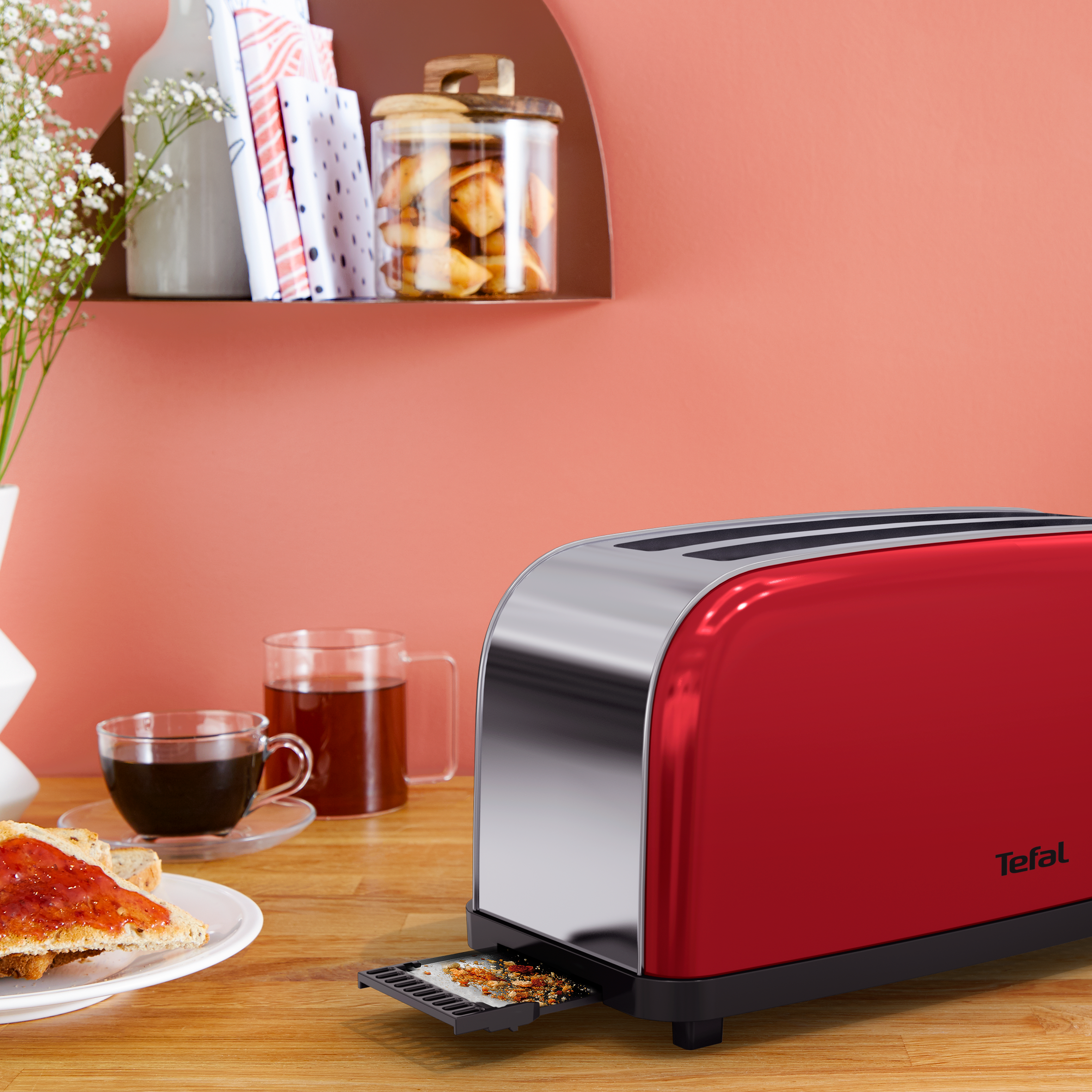 Grille-pain tefal 2 longues fentes rouge inox