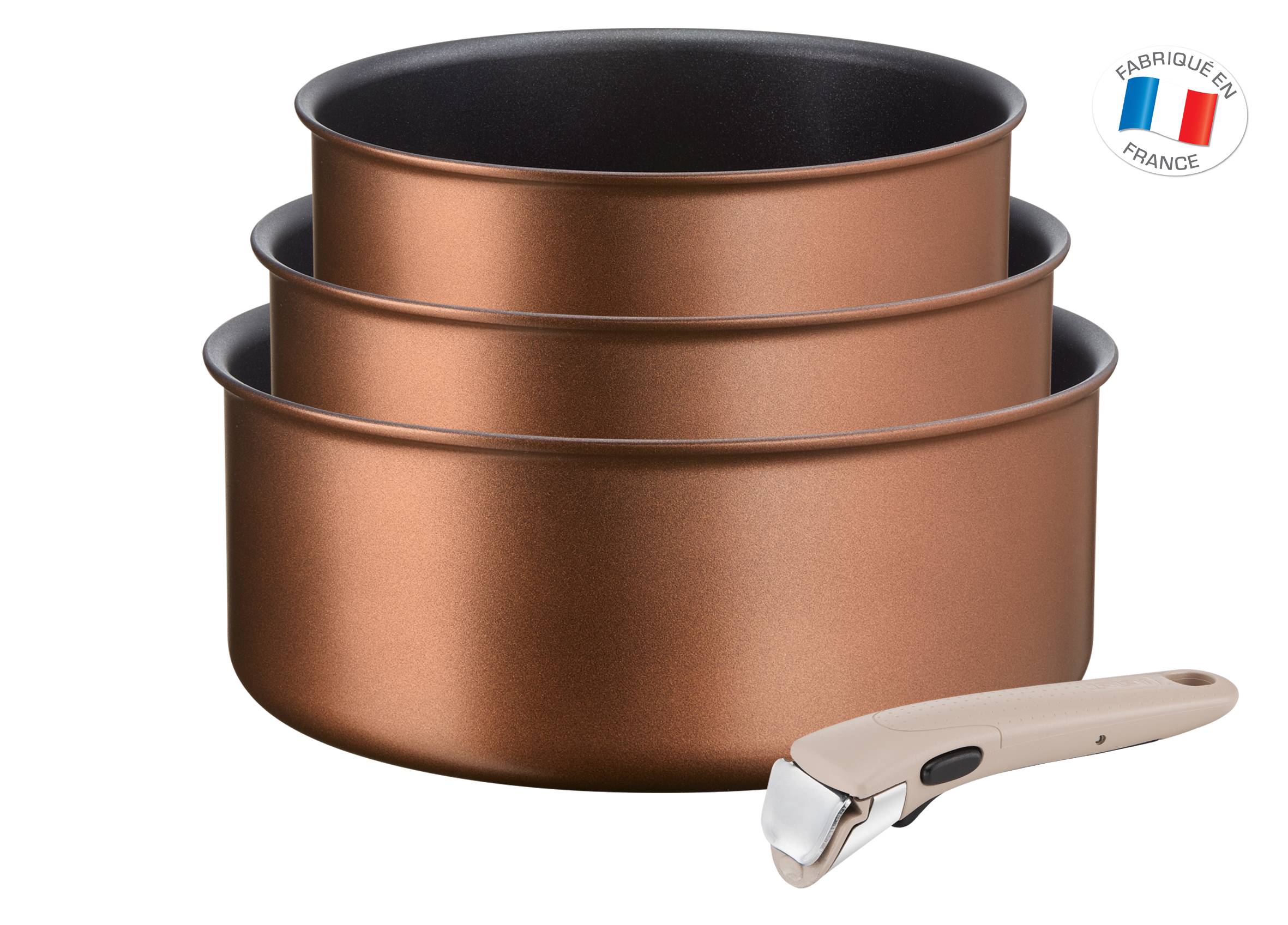 INGENIO ECO-RESPECT Lot 3 casseroles 16/18/20 cm (1,5/2,1/3 L) + 1 poignée amovible argile moonlight