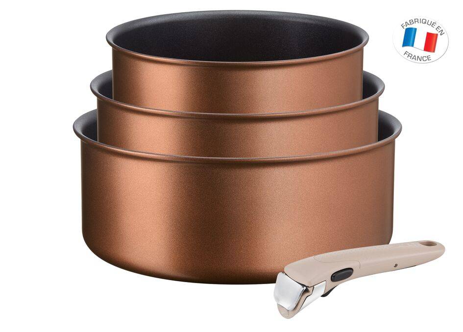 INGENIO ECO-RESPECT Lot 3 casseroles 16/18/20 cm (1,5/2,1/3 L) + 1 poignée amovible argile moonlight