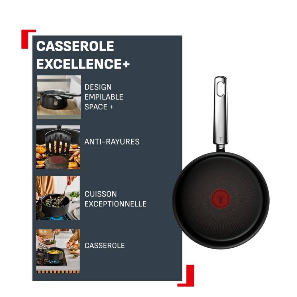 Excellence+, Casserole 20 cm, Design empilable, Revêtement antiadhésif, Induction