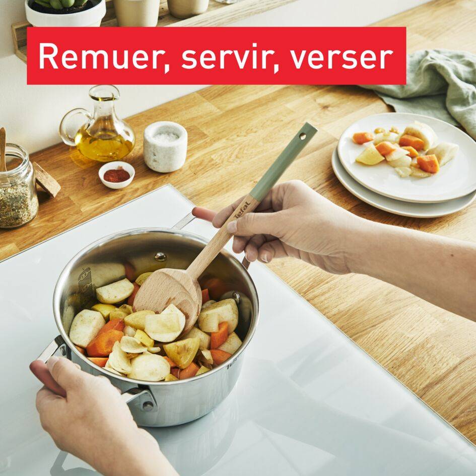 Natura Set d'ustensiles en bois : Cuillère large 28 cm, Spatule 29 cm, Maryse 28 cm, Cuillère 29 cm et pot à ustensiles