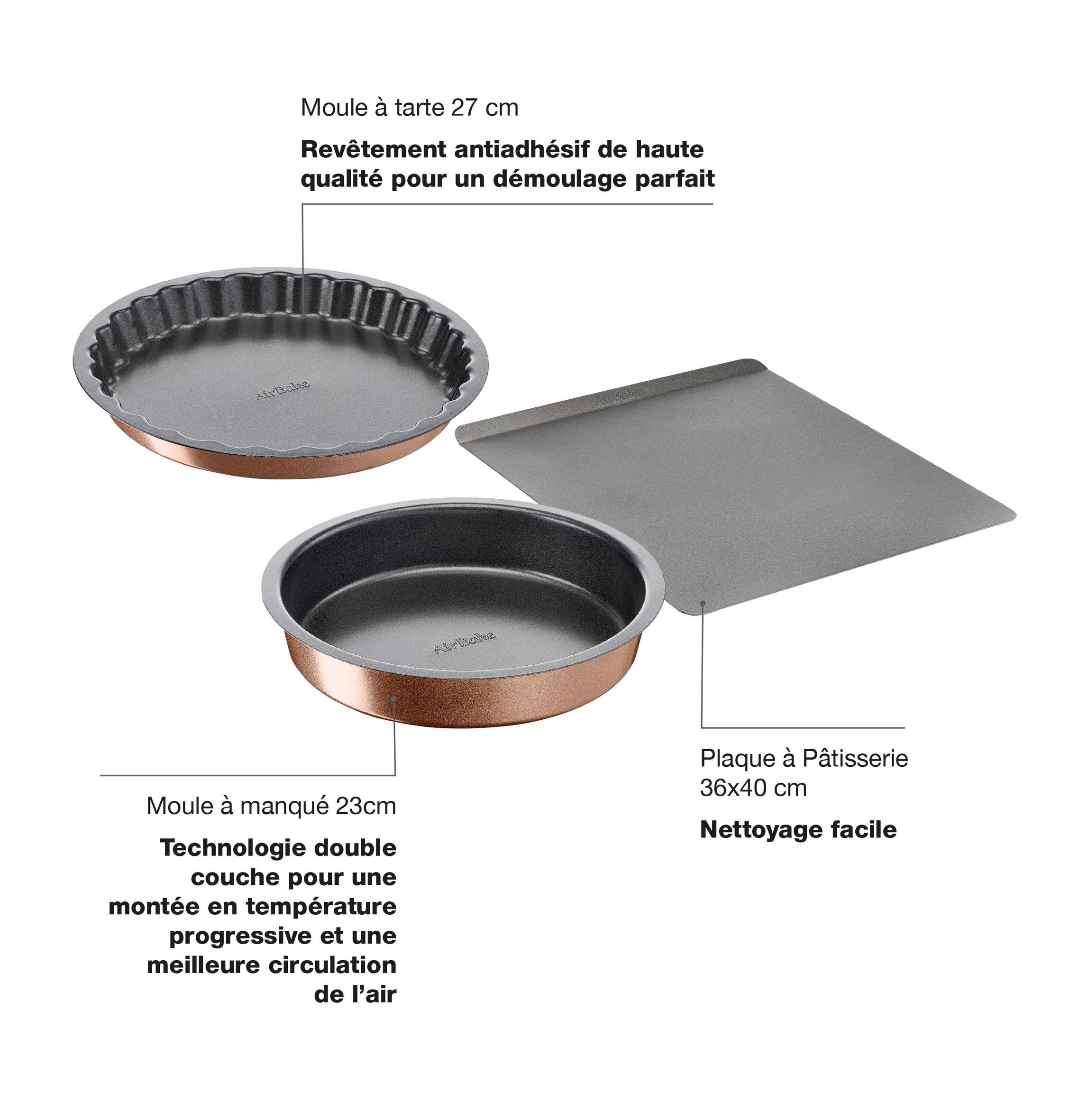 AIRBAKE Moule à manqué 23cm + Moule à tarte 27cm + Plaque à pâtisserie 30x35cm