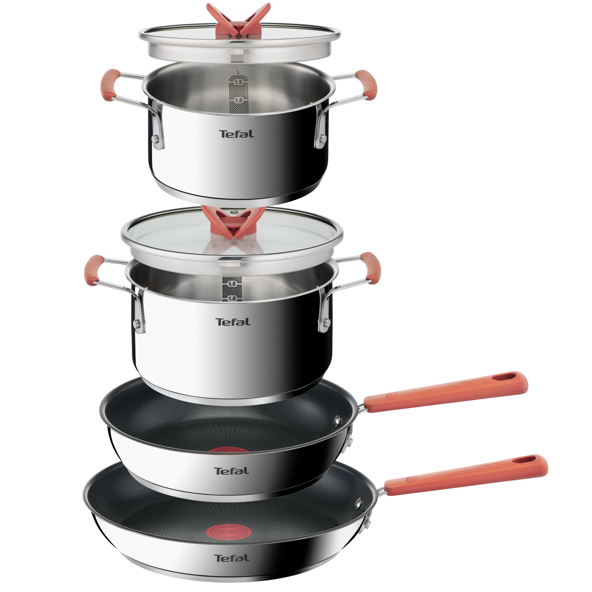 Opti'space Batterie de cuisine 6 p, Faitouts inox 18/20 cm + Couvercles verre 18/20 cm + Poêles antiadhésives 24/28 cm 