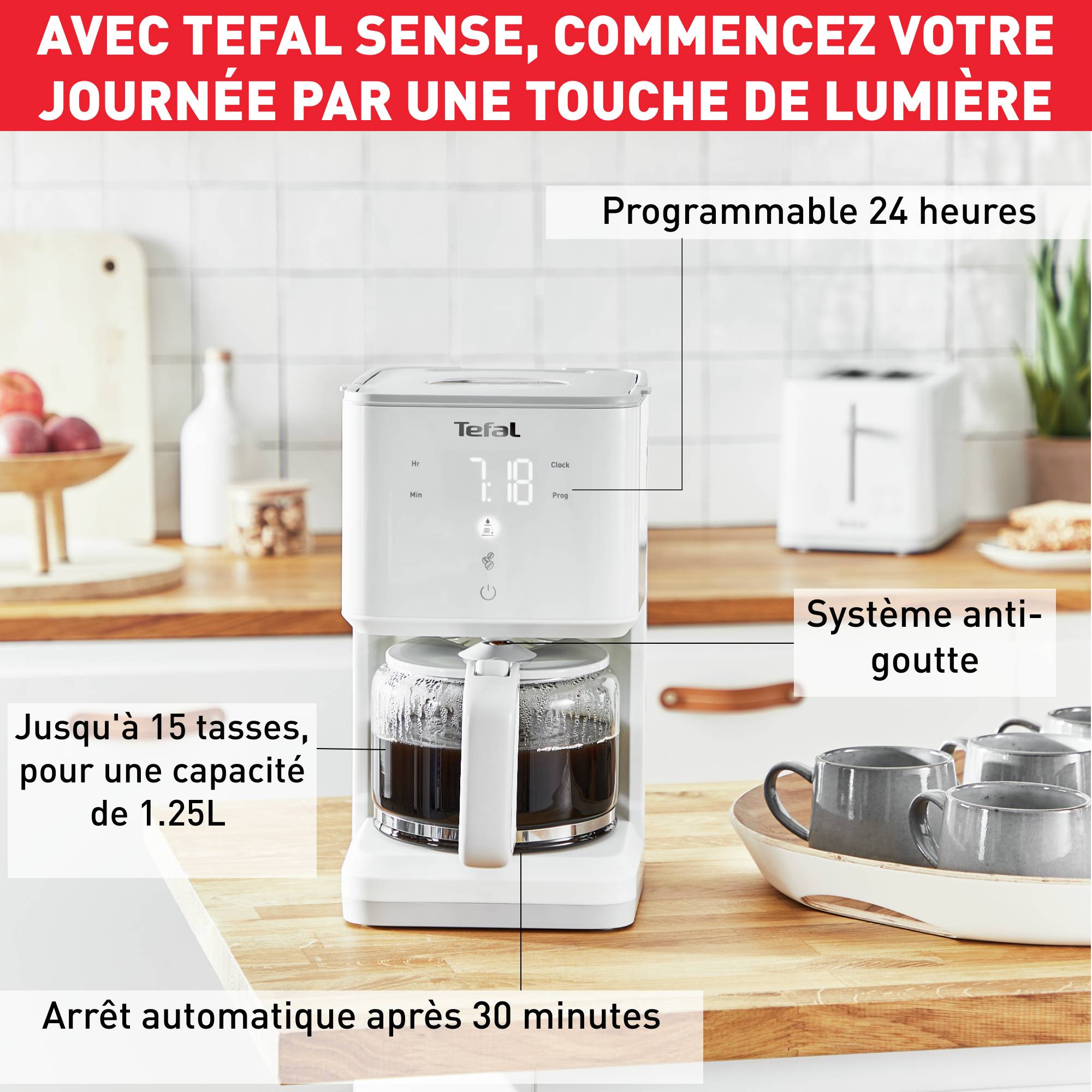 Sense, Cafetière filtre programmable, 1.25 L, 10 à 15 tasses, Arrêt automatique