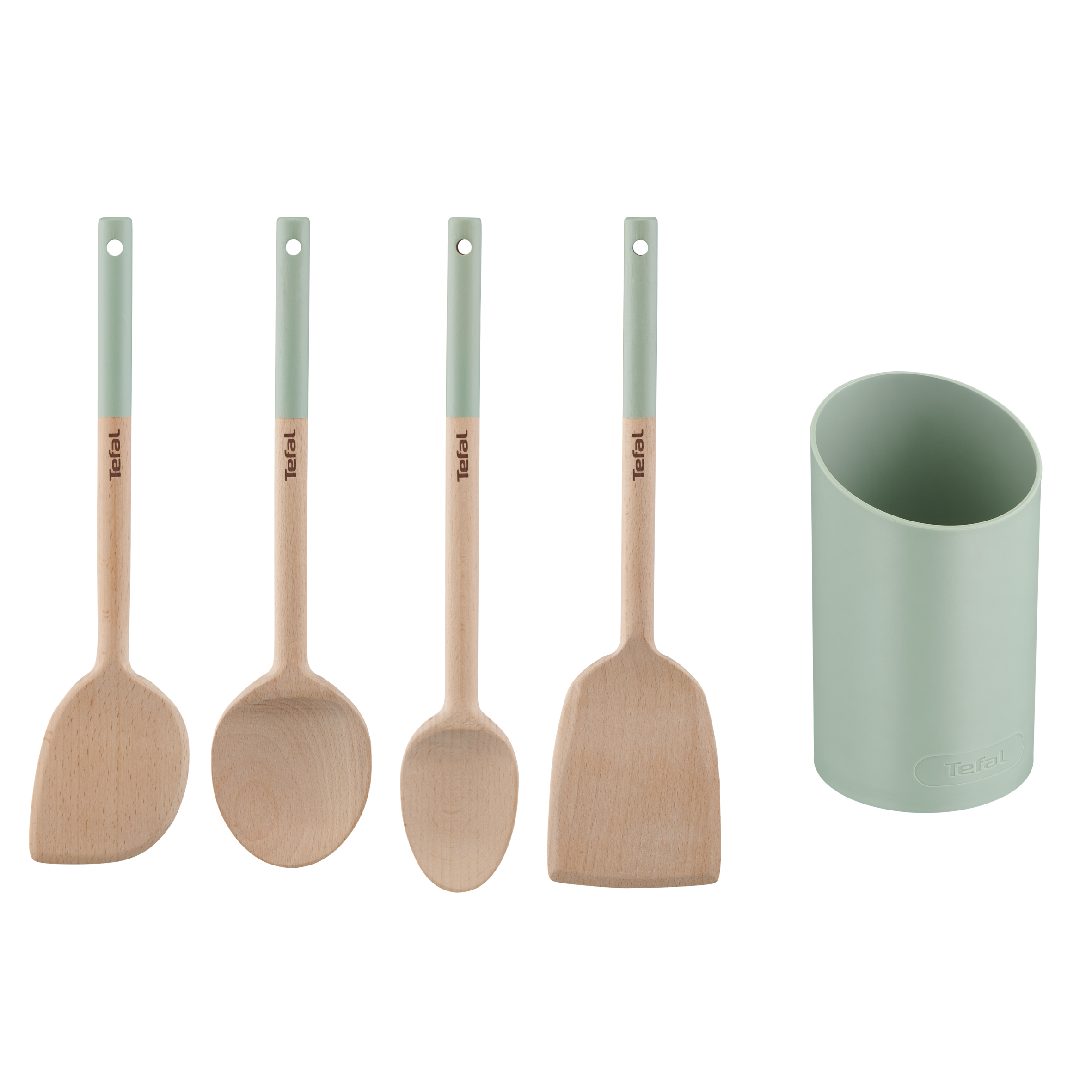 Natura Set d'ustensiles en bois : Cuillère large 28 cm, Spatule 29 cm, Maryse 28 cm, Cuillère 29 cm et pot à ustensiles