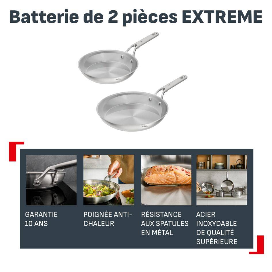 Extreme, Lot de 2 poêles 24/28 cm, Inox, Garantie de 10 ans, Induction