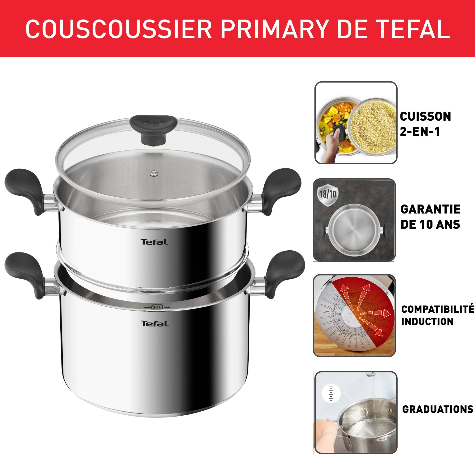PRIMARY Couscoussier avec panier vapeur 9L? Qualité Premium, Excellente chaleur diffusion