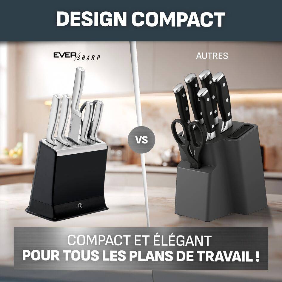 EverSharp, Set de couteaux 6&nbsp;pièces en inox et bloc de couteaux avec système d'aiguisage intégré
