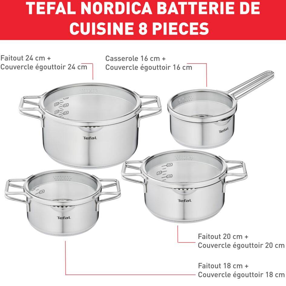 NORDICA set 8 pièces Casserole 16cm + Faitouts 18/20/24cm + couvercles