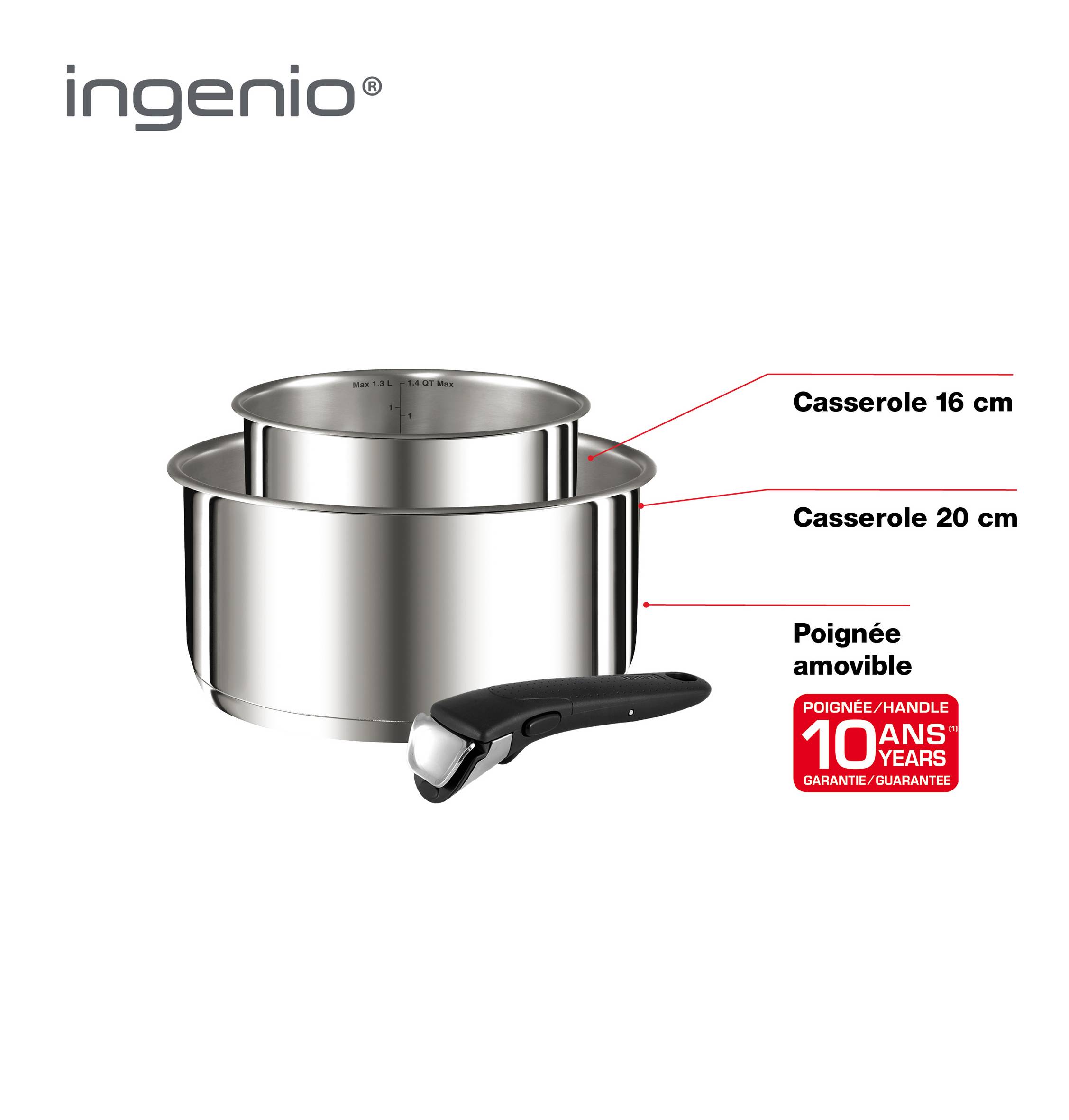Ingenio Préférence, Lot 3 pcs, 2 casseroles + 1 poignée amovible, Inox, Induction