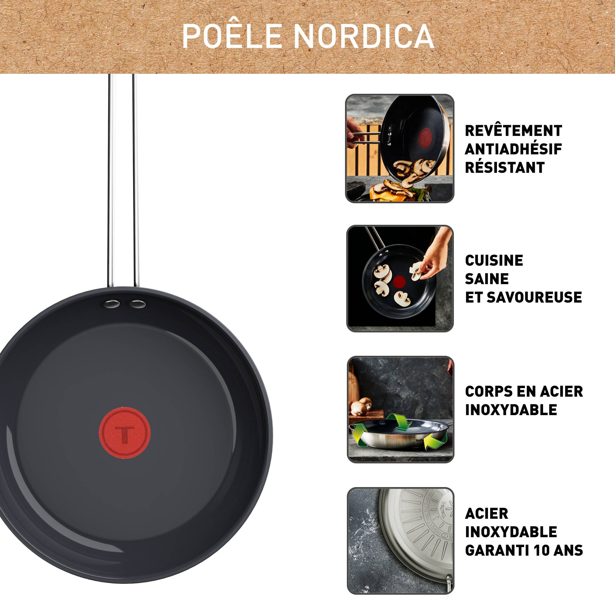 Nordica, Poêle en acier inoxydable 24 cm, Revêtement antiadhésif en céramique