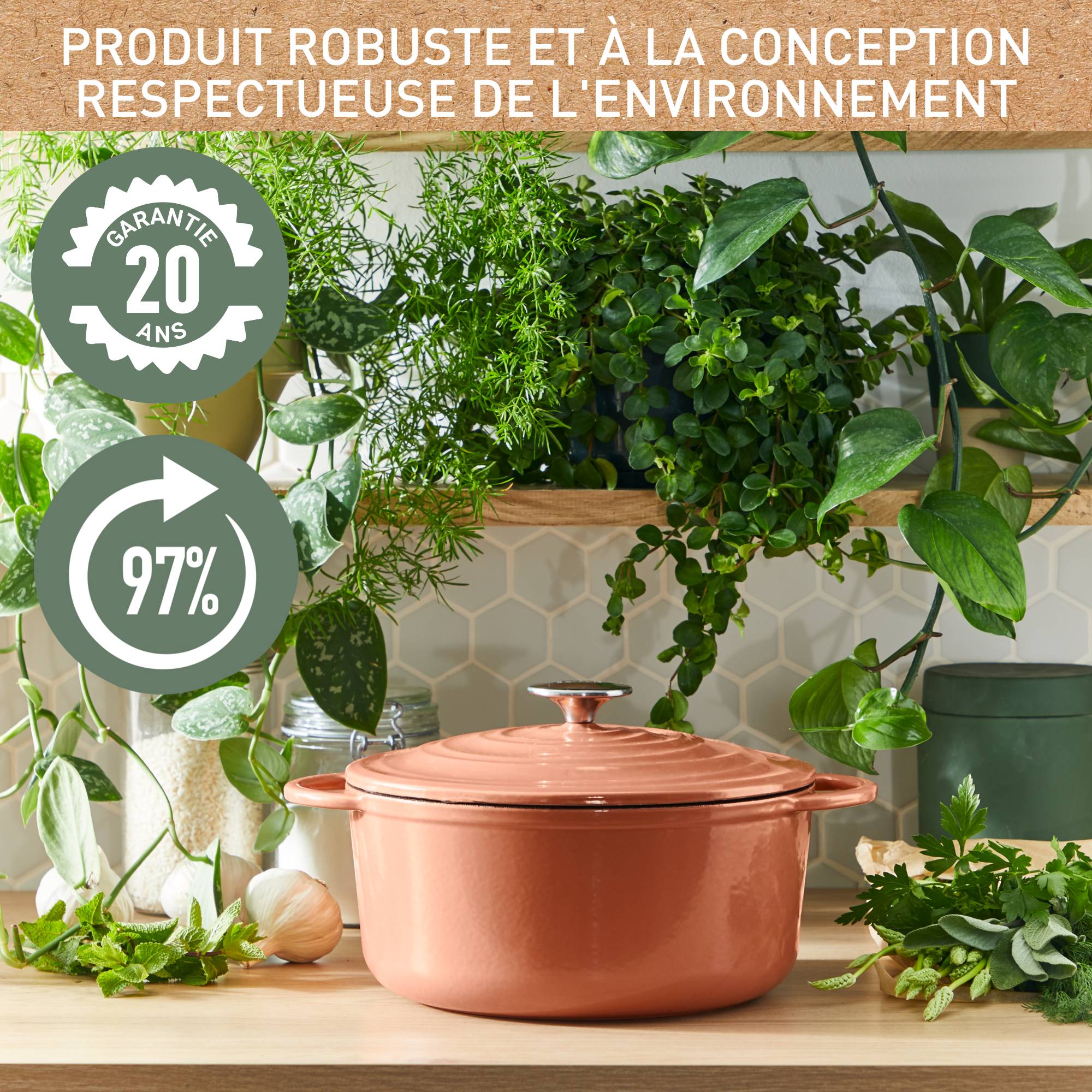 LOV, Cocotte en fonte ronde 25 cm, Induction, Four, Éco-conçue, Terracotta