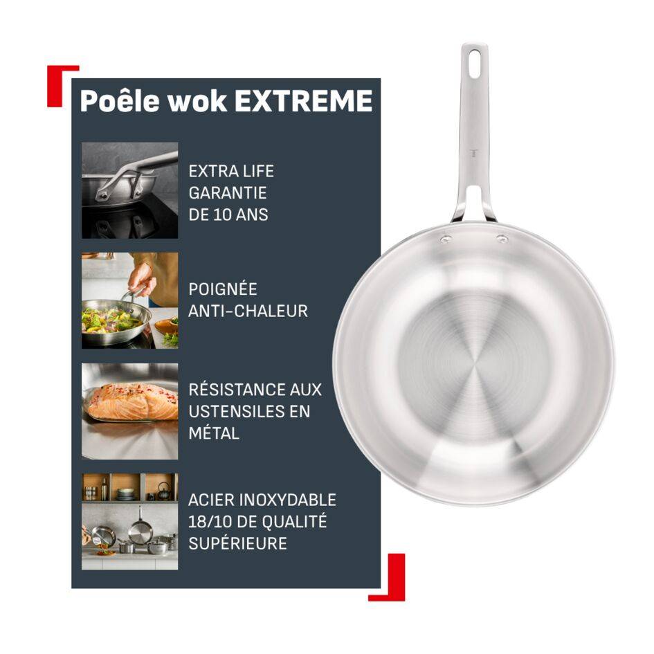 Extreme, Poêle wok 28 cm, Acier inoxydable de qualité supérieure, Garantie 10 ans