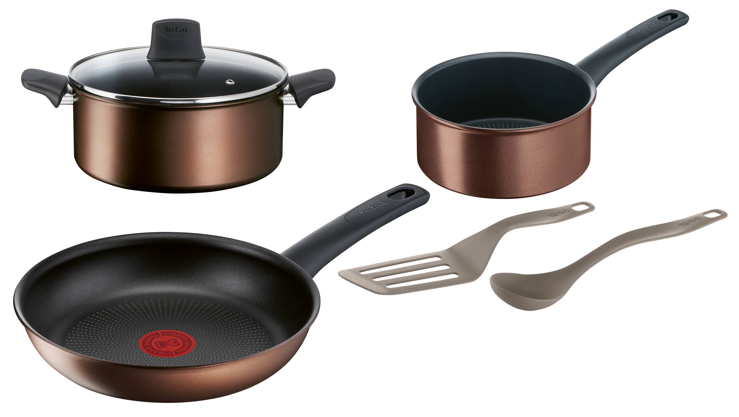 Resource Set 6 pcs Poêle 26 cm, Casserole 18 cm, Faitout 24 cm + couvercle, Cuillère, Spatule