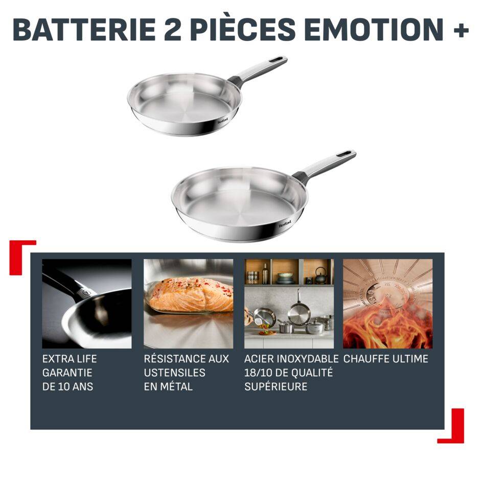Emotion+, Set de 2 poêles 24/28 cm, Acier inoxydable, Garantie de 10 ans, Induction