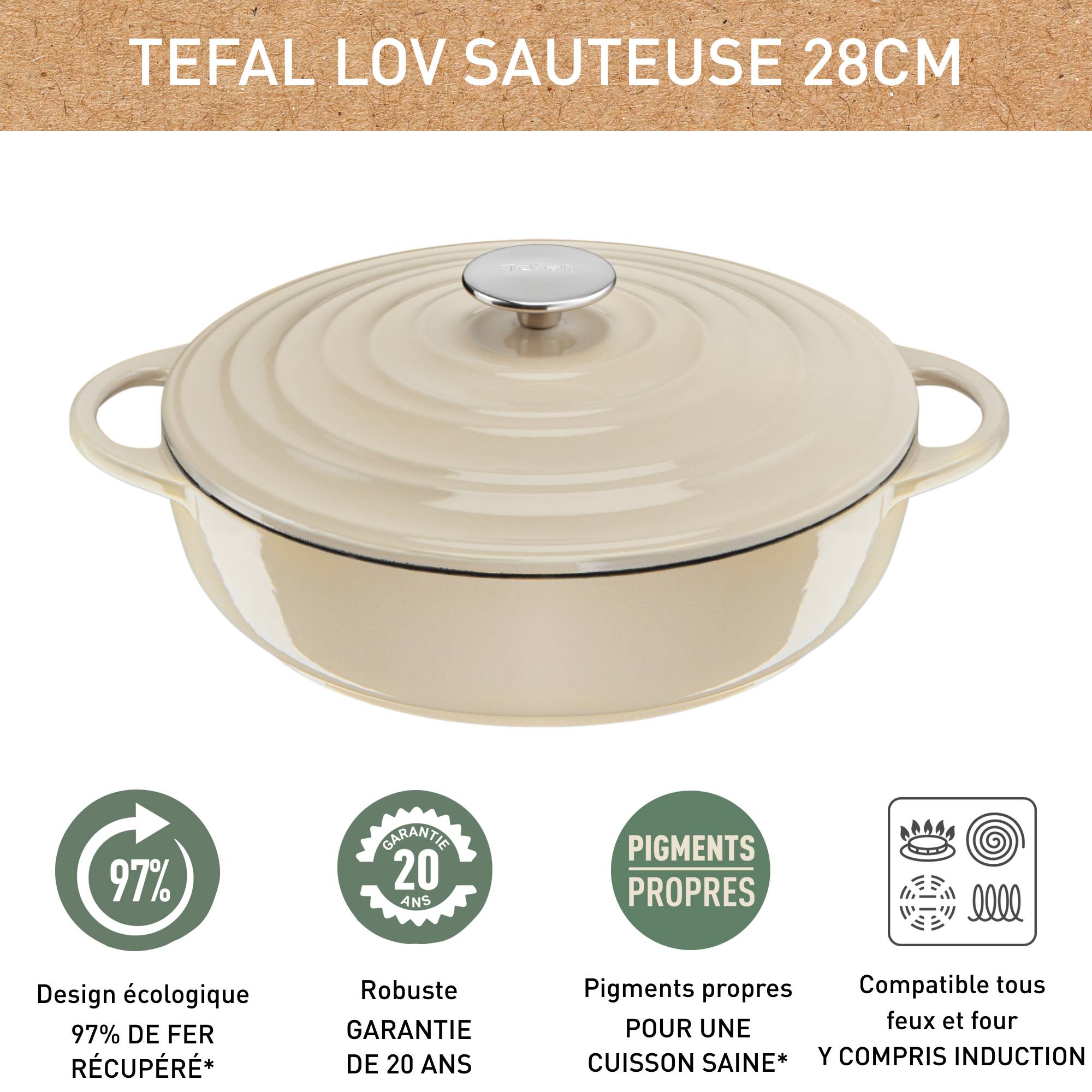 LOV, Sauteuse en fonte 28 cm, Induction, Four, Éco-conçue, Beige
