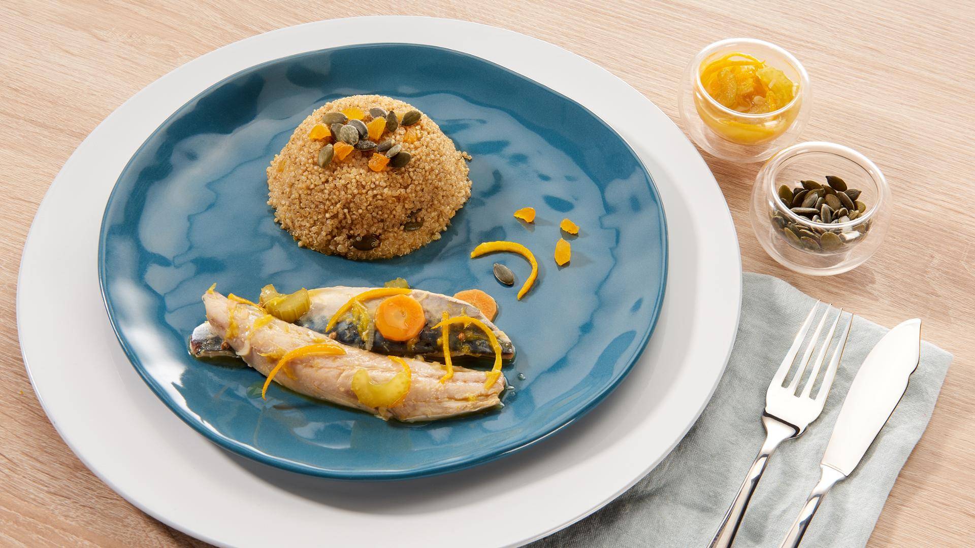 Maquereaux marinés à l'orange, salade de quinoa aux abricots secs et graines de courge - Recette Poêles et Casseroles | Tefal