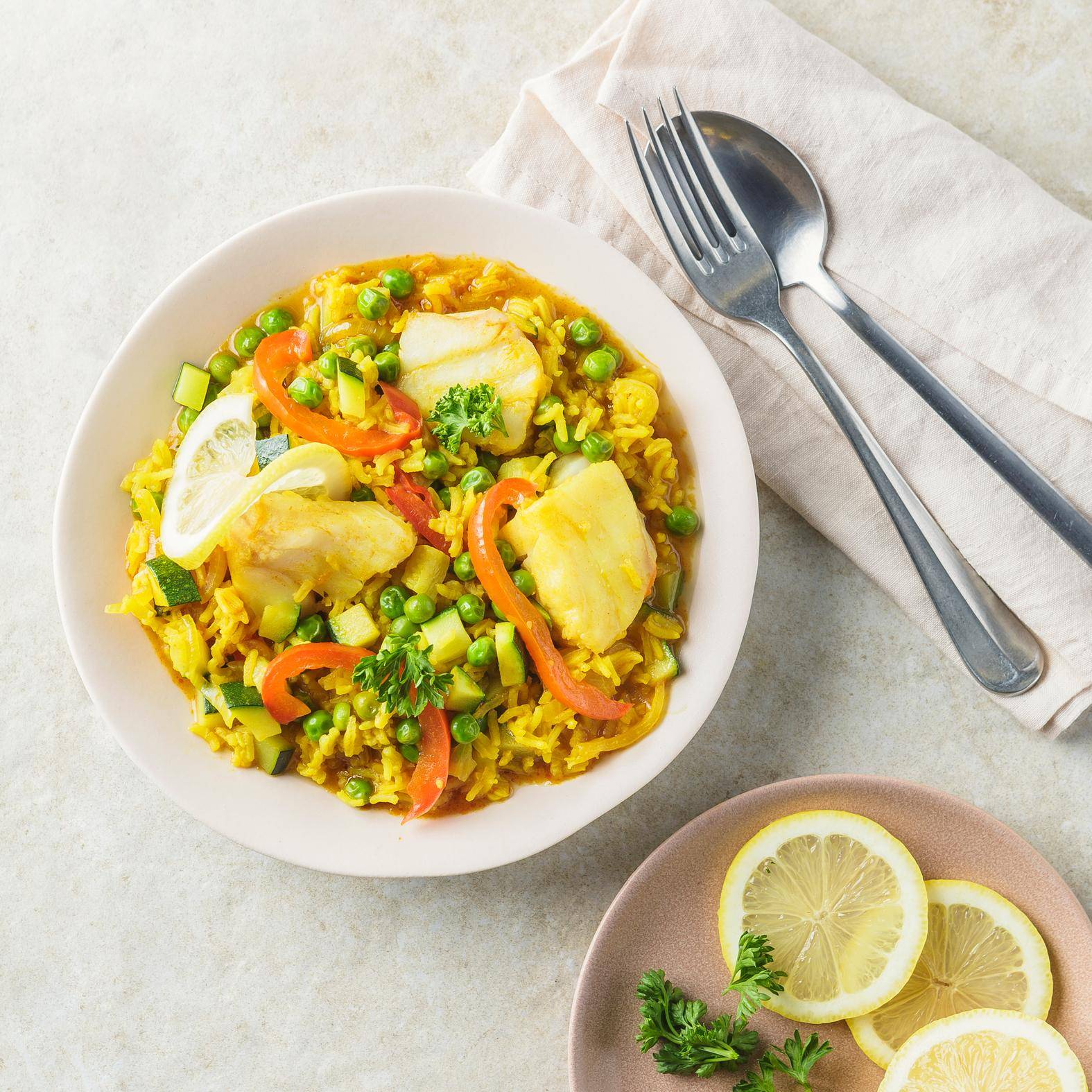 Paella revisitée au cabillaud et légumes - Recette Poêles et Casseroles | Tefal