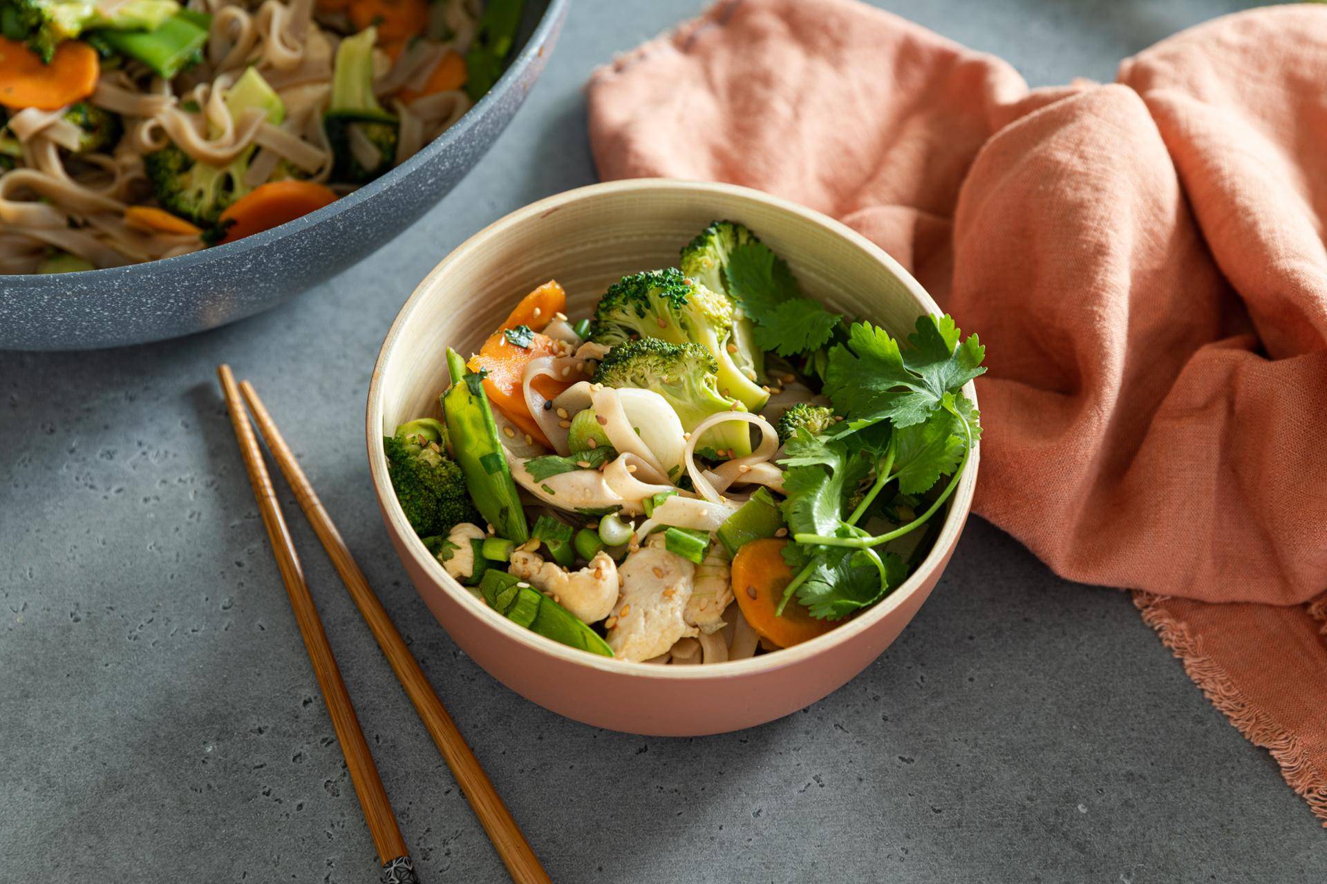 Wok de nouilles au poulet et légumes - Recette Poêles et