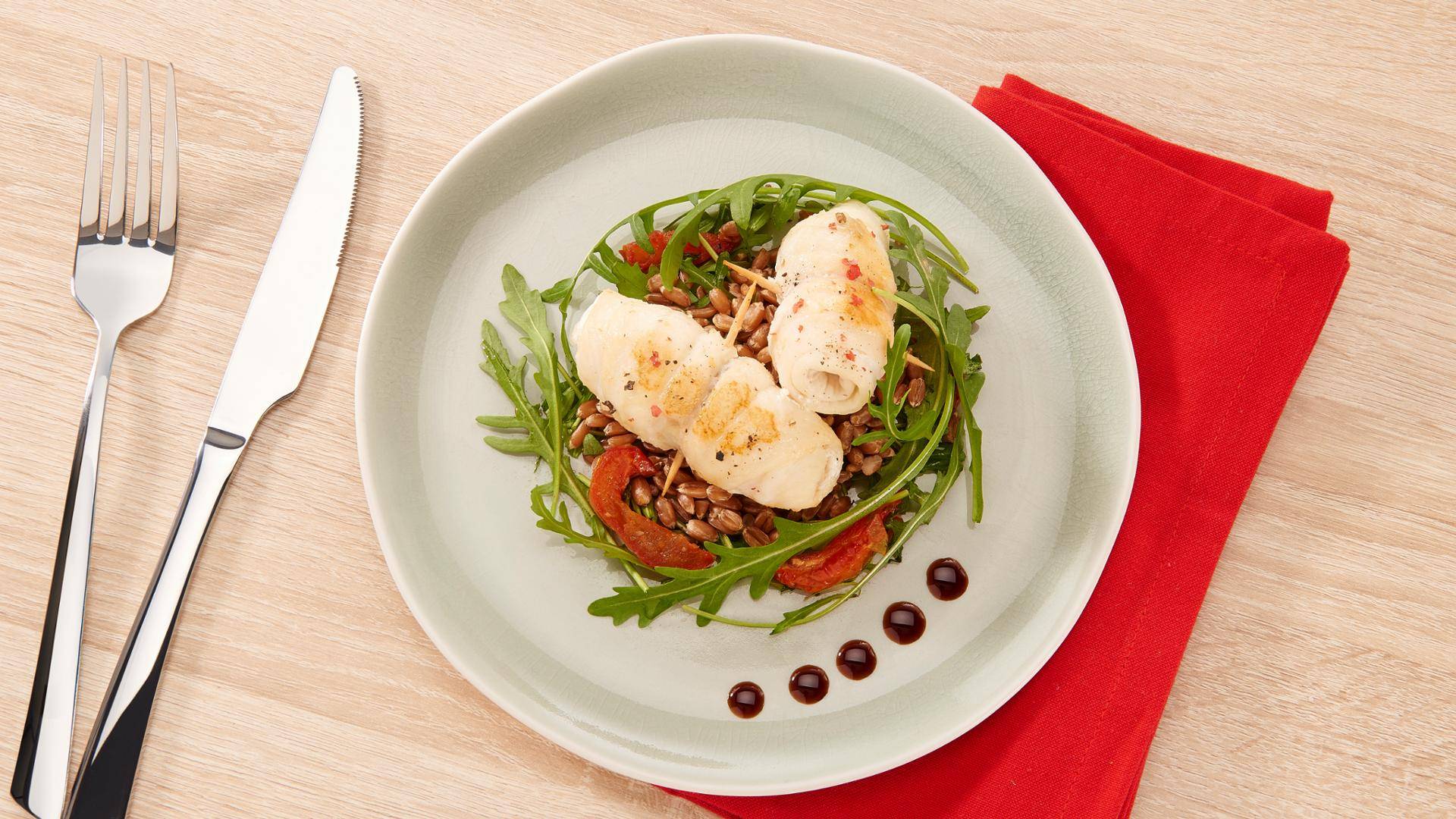 Filets de sole farcis aux anchois, épeautre à la roquette et tomates confites - Recette Poêles et Casseroles | Tefal