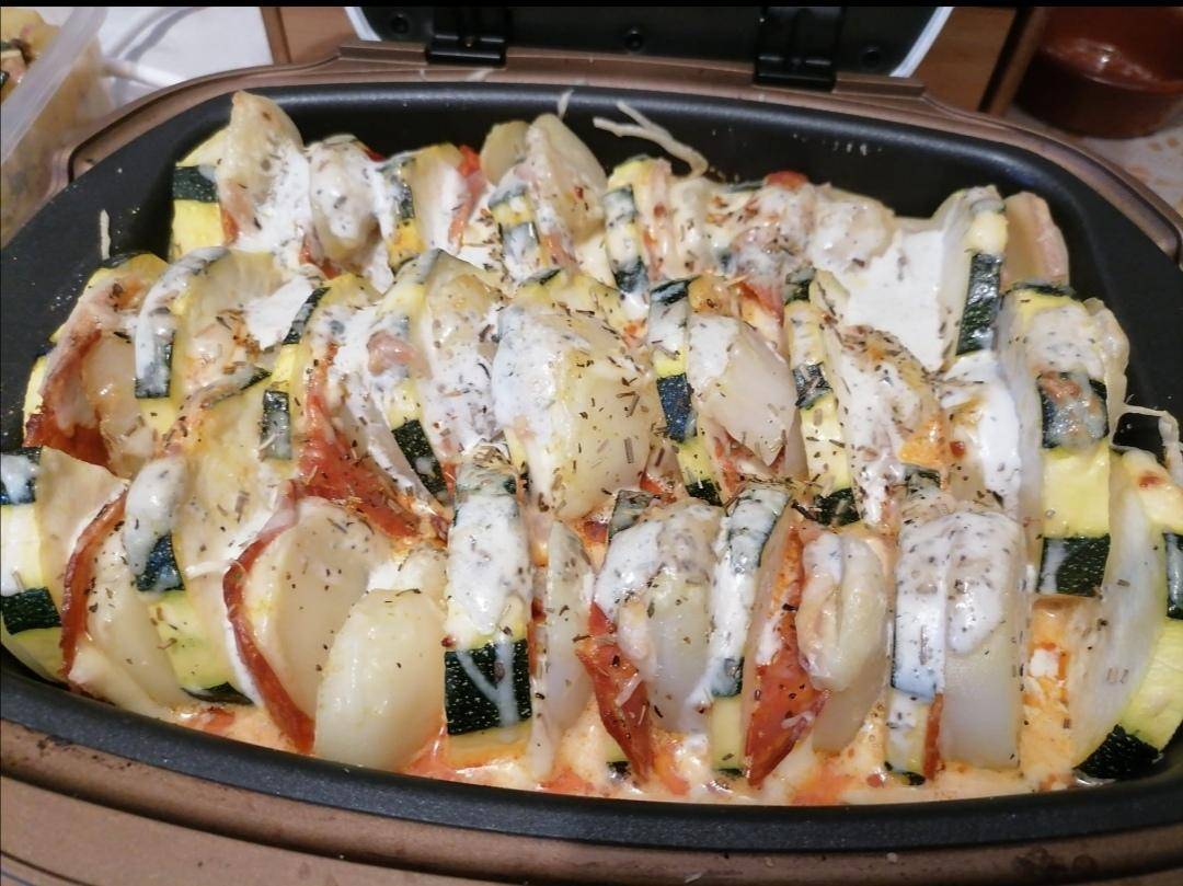 Tian courgettes PDT chorizo - Recette Cake Factory | Tefal
