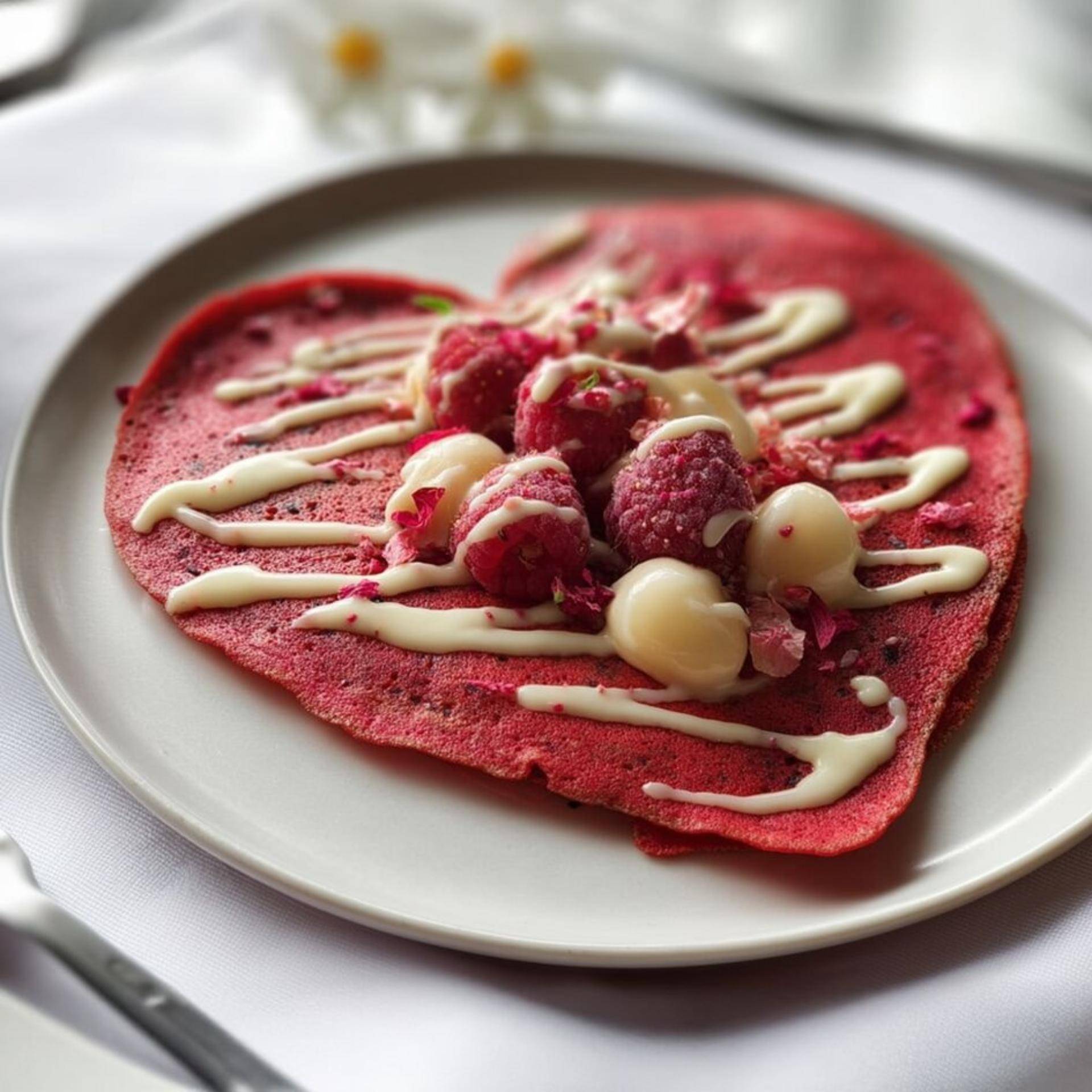 Crêpe cœur Red Velvet au litchi, framboise et chocolat blanc - Recette Poêles et Casseroles | Tefal