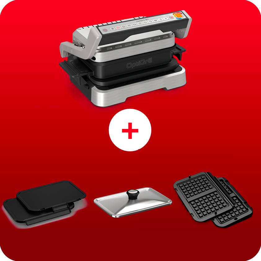Pack web - Optigrill 4en1 (avec plaque snacking) + 2 plaques (gaufres et plancha) + couvercle