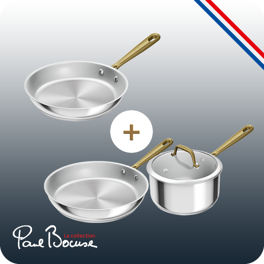 Pack web - Tefal x Bocuse - 2 poêles 24-28 cm + casserole 20cm - Revêtement inox (tous feux)
