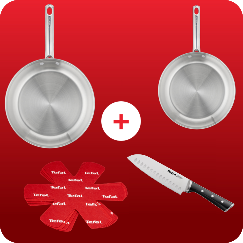 Pack web - Set Inox Duetto On - Poêles 24 et 28 cm, protège-poêles et couteau Ice Force Santoku