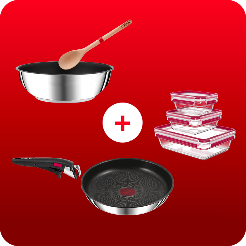 Pack Web – Wok + Poêle 26 cm anti-adhésifs + poignée amovible + 3 boîtes de conservation + Cuillère en bois