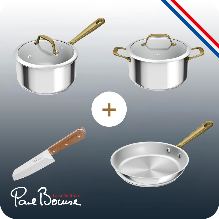 Pack web - Set Tefal x Bocuse - Poêle 24cm inox - Casserole 20cm inox - Faitout 24cm inox et couteau 16,5cm santoku