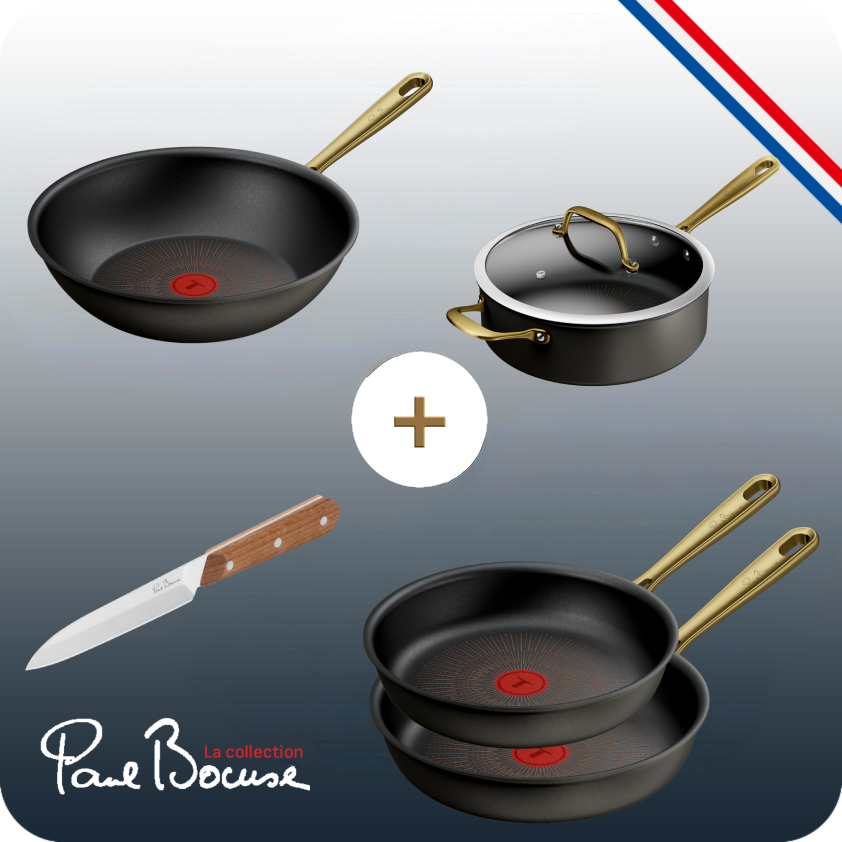 Pack web - Set Tefal x Bocuse - Poêle 24cm & 28cm- Wok 28cm - Sauteuse 26cm et couteau 12cm utility