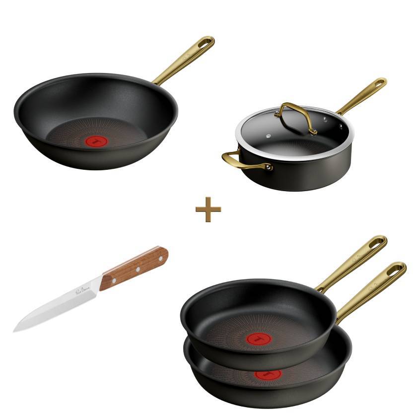 Pack web - Set Tefal x Bocuse - Poêle 24cm & 28cm- Wok 28cm - Sauteuse 26cm et couteau 12cm utility