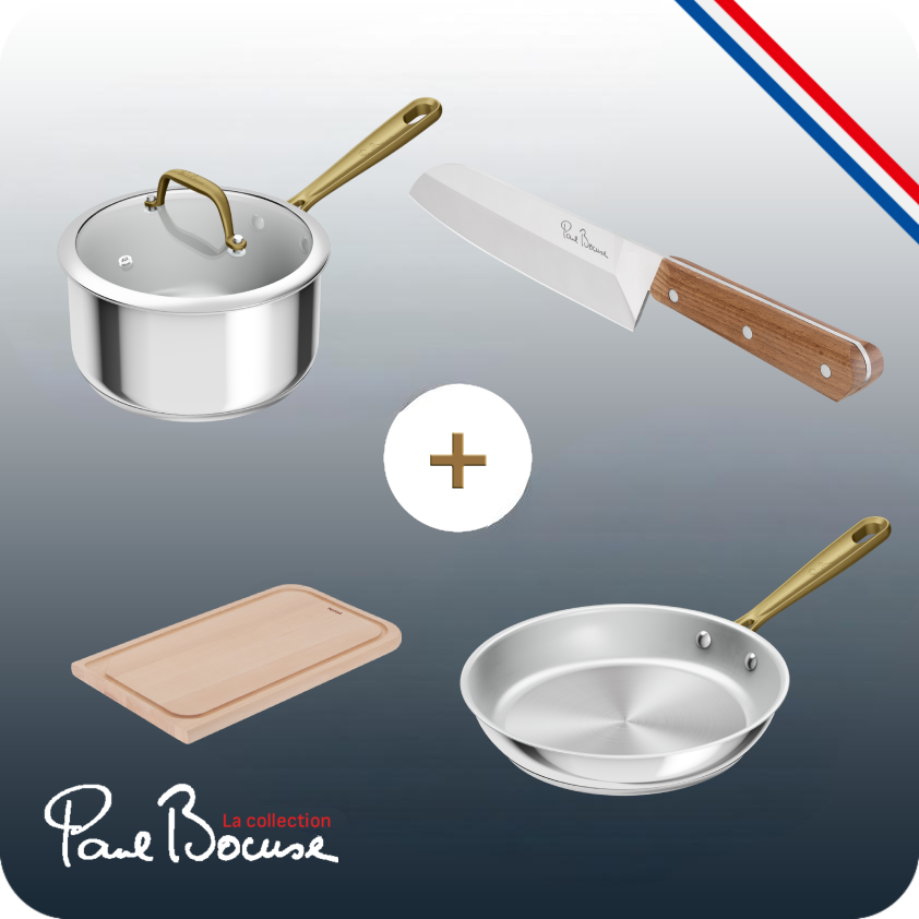 Pack web - Set Tefal x Bocuse - Poêle 28cm inox - Casserole 20cm inox - couteau 18cm et planche à découper